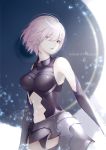  1girl armored_leotard bangs bare_shoulders black_gloves black_leotard character_request commentary_request elbow_gloves eyebrows_visible_through_hair fate/grand_order fate_(series) gloves hair_over_one_eye highres leotard looking_at_viewer marumoru mash_kyrielight navel parted_lips pink_hair purple_eyes solo 