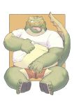  2019 anthro belly blush bodily_fluids chocobibear clothing genital_fluids green_body hi_res humanoid_hands male moobs nipples one_eye_closed overweight overweight_male peeing scalie sitting tongue tongue_out underwear urine wink 