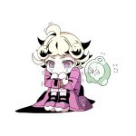  1boy ahoge beet_(pokemon) blonde_hair chibi curly_hair duosion fetal_position jacket lowres pink_jacket pokemon pokemon_(game) pokemon_swsh purple_eyes short_hair tears turtleneck 