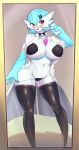  2019 3_fingers alternate_version_at_source big_breasts blue_hair blush breasts clothing coat curvaceous curvy_figure dr._voir eyewear female fingers gardevoir glasses hair hi_res holding_object holding_phone humanoid lab_coat legwear mirror navel nintendo not_furry open_mouth panties phone pok&eacute;mon pok&eacute;mon_(species) shiny_pok&eacute;mon simple_background solo sususuigi thigh_highs topwear underwear video_games voluptuous white_body white_skin 