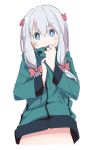  1girl aqua_eyes blue_eyes blue_hair bow eromanga_sensei green_jacket grey_hair hair_bow ixy izumi_sagiri jacket long_hair long_sleeves looking_at_viewer pink_bow silver_hair simple_background solo white_background 