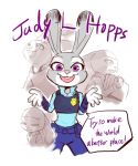  anthro buckteeth clothed clothing dialogue disney english_text fully_clothed fur grey_body grey_fur judy_hopps lagomorph leporid looking_at_viewer low_res mammal mitsuharu open_mouth open_smile police_uniform purple_eyes rabbit smile solo speech_bubble teeth text uniform zootopia 