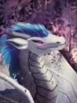  2019 blue_hair day detailed_background digital_media_(artwork) dragon hair hi_res horn llithix membrane_(anatomy) membranous_wings outside purple_eyes scales scalie sky western_dragon white_body white_scales wings 