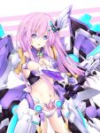  1girl blue_eyes breasts cleavage cleavage_cutout elbow_gloves eyebrows_visible_through_hair gloves holding holding_weapon joney leotard long_hair looking_at_viewer medium_breasts neptune_(series) pink_hair power_symbol pubic_tattoo purple_sister solo symbol-shaped_pupils tattoo thighhighs weapon 
