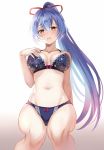  1girl :o arm_behind_back bangs bare_arms bare_shoulders blue_hair blush bow bow_bra bow_panties bra eyebrows_visible_through_hair fate/grand_order fate_(series) hair_between_eyes hair_ribbon hand_on_own_chest harimoji invisible_chair lace lace-trimmed_bra lace-trimmed_panties lingerie looking_at_viewer looking_back navel open_mouth panties ponytail red_ribbon ribbon sitting thighhighs tomoe_gozen_(fate/grand_order) underwear underwear_only yellow_eyes 
