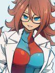  1girl android android_21 black-framed_eyewear blue_eyes breasts brown_hair checkered checkered_dress curly_hair dragon_ball dragon_ball_fighterz dress earrings glasses hoop_earrings jewelry kemachiku labcoat large_breasts long_hair looking_at_viewer smile solo 