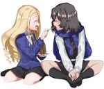  andou_(girls_und_panzer) bangs bc_freedom_school_uniform black_hair blonde_hair dark_skin feeding girls_und_panzer long_hair marie_(girls_und_panzer) medium_hair messy_hair oono_imo school_uniform smile sweater sweater_around_neck 