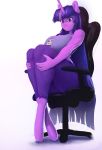  anthro anthrofied big_breasts bra breasts chair clothing equid equine female friendship_is_magic fur furniture gaming_chair hair hi_res hooves horn horse maarthul mammal multicolored_hair my_little_pony pony purple_body purple_eyes purple_fur simple_background sitting smile solo sports_bra teeth thick_thighs twilight_sparkle_(mlp) underwear unicorn white_background yoga_pants 