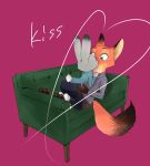  &lt;3 anthro anthro_on_anthro barefoot blush bottomwear canid canine clothed clothing dipstick_ears disney duo fox fully_clothed fur furniture green_eyes grey_body grey_fur hi_res judy_hopps kissing kneeling lagomorph leporid mammal mitsuharu multicolored_ears nick_wilde orange_body orange_fur pants rabbit red_fox shirt simple_background sitting sofa topwear zootopia 