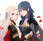  2girls armor blonde_hair blue_eyes blue_hair blush breasts byleth_(fire_emblem) byleth_(fire_emblem)_(female) edelgard_von_hresvelg fire_emblem fire_emblem:_three_houses garreg_mach_monastery_uniform hair_ornament long_hair looking_at_viewer medium_hair multiple_girls raki_(kuroe) ribbon_braid short_hair simple_background smile upper_body white_background yuri 