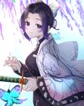  1girl animal bangs black_hair black_jacket blurry blurry_background breasts bug butterfly butterfly_hair_ornament commentary_request depth_of_field eyebrows_visible_through_hair forehead gradient_hair hair_ornament highres holding holding_sheath insect jacket katana kimetsu_no_yaiba kochou_shinobu long_sleeves medium_breasts multicolored_hair open_clothes parted_bangs parted_lips pink_nails purple_eyes purple_hair ready_to_draw sheath sheathed smile solo sword tapioka_(oekakitapioka) weapon wide_sleeves 