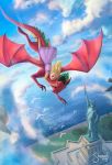  2019 2_toes 4_fingers ambient_bird american_dragon:_jake_long anthro asian_mythology avian bird black_hair blonde_hair blue_eyes claws clothed clothing day disney dragon dress duo_focus east_asian_mythology eastern_dragon fingers flying green_highlights group hair hi_res highlights_(coloring) human jake_long large_group long_hair mammal membrane_(anatomy) membranous_wings mythology outside red_body red_scales rose_(american_dragon) scales sculpture sea shamerli signature sky smile statue statue_of_liberty toes water wings 