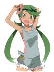  1girl armpits arms_behind_head blush dark_skin flower green_eyes green_hair hair_flower hair_ornament ixy long_hair looking_at_viewer mao_(pokemon) pokemon pokemon_(game) pokemon_sm simple_background solo teeth trial_captain twintails upper_teeth white_background 