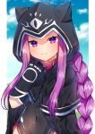  1girl akirannu black_gloves blush braid cloud collar commentary_request covered_navel fate/grand_order fate_(series) gloves highres hood hood_up long_hair looking_at_viewer medusa_(lancer)_(fate) outdoors pink_collar purple_eyes purple_hair smile solo very_long_hair 