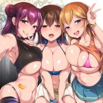  3girls :q absurdres armpits asymmetrical_docking bangle bangs beige_skirt bikini blonde_hair blue_bikini blue_eyes blue_skirt blush bracelet breast_press breasts brown_eyes brown_hair cleavage commentary_request deyuyama double_bun eyebrows_visible_through_hair fang hair_between_eyes heart highres jewelry large_breasts leaning_forward long_hair looking_at_viewer micro_bikini mole mole_under_eye multiple_girls navel open_mouth original pink_bikini purple_bikini purple_hair self_shot sidelocks skirt smile stomach striped striped_legwear swimsuit tank_top tank_top_lift tankini thighhighs tongue tongue_out v 