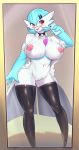  2019 3_fingers alternate_version_at_source big_breasts blue_hair blush breasts clothing coat curvaceous curvy_figure dr._voir eyewear female fingers gardevoir glasses hair hi_res holding_object holding_phone humanoid lab_coat legwear mirror navel nintendo nipples not_furry open_mouth phone pok&eacute;mon pok&eacute;mon_(species) pussy shiny_pok&eacute;mon simple_background solo sususuigi thigh_highs topwear video_games voluptuous white_body white_skin 