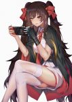  1girl bangs black_gloves blush boots breasts brown_eyes brown_hair candy cape crossed_legs double-breasted eyebrows_visible_through_hair food girls_frontline gloves hair_between_eyes hair_ribbon henz_(86551650) highres holding_handheld_game_console lollipop long_hair looking_at_viewer medium_breasts mouth_hold necktie nintendo_switch pleated_skirt qbz-97_(girls_frontline) ribbon shirt simple_background single_glove skirt solo thighhighs thighs twintails underbust very_long_hair white_legwear white_shirt 