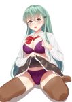  1girl absurdres alternate_eye_color aqua_hair blush bra breasts brown_eyes brown_legwear curvy eyebrows_visible_through_hair hair_between_eyes hair_ornament hairclip highres kantai_collection large_breasts lifted_by_another lifted_by_self long_hair long_sleeves looking_at_viewer open_clothes open_mouth panties pleated_skirt plump purple_bra purple_panties shirt sitting skirt smile solo suzuya_(kantai_collection) thighhighs underwear white_shirt zuki 