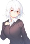  1girl black_sweater blush breasts check_character check_copyright commentary_request eyebrows_visible_through_hair hair_between_eyes highres long_sleeves looking_at_viewer original otokuyou shirt short_hair simple_background sleeves_past_wrists solo sweater upper_body white_background white_hair white_shirt 