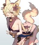  1boy animal_ears backless_outfit blonde_hair blush collar erection erune fox_boy fox_ears fox_tail granblue_fantasy hair_ornament hair_over_one_eye highres kou_(granblue_fantasy) large_tail long_hair looking_at_viewer male_focus mirin_chikuwa nipples off_shoulder open_mouth smile tail 