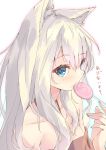  1girl absurdres animal_ear_fluff animal_ears bare_shoulders blue_eyes candy food hamaru_(s5625t) highres lollipop long_hair looking_at_viewer mouth_hold original platinum_blonde_hair translated 