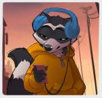 2019 anthro chillhop_raccoon clothing elranno headphones hoodie humanoid_hands mammal outside phone procyonid raccoon solo topwear 