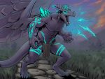  2019 4:3 abs angry anthro biceps clothed clothing crystal detailed_background digital_media_(artwork) dragon emet gorath landscape loincloth magic male muscular muscular_male outside realistic roaring skimpy solo standing wings 