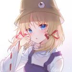  1girl :o absurdres bangs blonde_hair blue_eyes blush brown_headwear dress eyebrows_visible_through_hair hair_ribbon hand_on_own_face hand_up highres long_sleeves looking_at_viewer moriya_suwako parted_lips pinafore_dress purple_dress red_ribbon ribbon ribbon-trimmed_sleeves ribbon_trim shirt sidelocks signature simple_background slyvia solo touhou upper_body white_background white_shirt wide_sleeves 