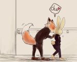 &lt;3 anthro barefoot bottomwear canid canine clothed clothing dipstick_ears dipstick_tail disney duo eyes_closed fox fully_clothed hi_res judy_hopps kissing lagomorph leporid mammal mitsuharu multicolored_ears multicolored_tail nick_wilde pants police_uniform rabbit red_fox suit uniform zootopia 
