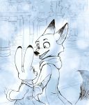  ambiguous_gender anthro building canid canine city clothed clothing coat dipstick_ears disney duo fox inner_ear_fluff judy_hopps lagomorph leporid looking_at_another mammal mitsuharu multicolored_ears nick_wilde open_mouth open_smile outside rabbit red_fox smile sparkles topwear tuft zootopia 