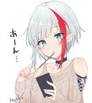 1girl admiral_graf_spee_(azur_lane) admiral_graf_spee_(daily_peaceful_life)_(azur_lane) azur_lane blue_eyes brown_sweater choker collarbone food highres holding holding_food long_sleeves looking_at_viewer multicolored_hair nayuta_hilo parted_lips phone pocky red_hair short_hair shoulder_cutout sidelocks signature silver_hair simple_background solo sweater two-tone_hair white_background 