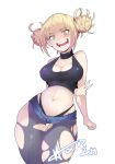  1girl blonde_hair boku_no_hero_academia breasts cleavage double_bun eyebrows_visible_through_hair highres hot_vr looking_at_viewer open_mouth simple_background solo toga_himiko v white_background yellow_eyes 