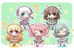  5girls ^_^ bang_dream! bangs blonde_hair blush braid brown_hair catchphrase chibi closed_eyes commentary_request dress eyebrows_visible_through_hair flower_(symbol) flying_sweatdrops green_background green_eyes hair_ribbon hand_on_own_cheek hasewox highres hikawa_hina idol idol_clothes light_green_hair long_hair maruyama_aya multiple_girls no_eyewear notice_lines one_eye_closed open_mouth pastel_palettes pink_eyes pink_hair pleated_dress purple_eyes ribbon shirasagi_chisato smile standing standing_on_one_leg star swept_bangs thighhighs twin_braids twintails wakamiya_eve white_hair wristband yamato_maya 