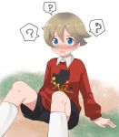  1boy ? blonde_hair blue_eyes blush highres looking_at_viewer npc_trainer on_ground pokemon pokemon_(game) pokemon_swsh print_sweater shorts sitting socks solo sr_soba sweater white_legwear youngster_(pokemon) 