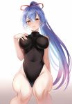  1boy :o arm_behind_back bangs bare_arms bare_shoulders black_leotard blue_hair blush covered_navel eyebrows_visible_through_hair fate/grand_order fate_(series) gradient gradient_background hair_between_eyes hair_ribbon hand_on_own_chest harimoji highleg highleg_leotard invisible_chair leotard long_hair open_mouth ponytail red_ribbon ribbon sitting solo tomoe_gozen_(fate/grand_order) very_long_hair yellow_eyes 
