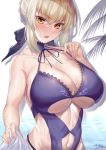  1girl artoria_pendragon_(all) bangs bare_shoulders blonde_hair blush braid breasts character_request choker cleavage eyebrows_visible_through_hair fate/grand_order fate_(series) hair_ribbon highres hirasawa_seiji large_breasts long_hair looking_at_viewer navel_cutout open_mouth pov purple_choker purple_ribbon purple_swimsuit ribbon shirt_grab signature solo swimsuit toned tsurime yellow_eyes 
