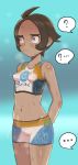  1girl 2equal8 blush bodypaint breasts brown_hair covered_nipples grey_eyes gym_shorts gym_trainer_(pokemon) highres navel npc_trainer nude painted_clothes pokemon pokemon_(game) pokemon_swsh pussy sanpaku short_hair shorts simple_background small_breasts solo_focus speech_bubble sports_bra standing sweat thick_eyebrows tomboy 