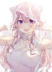  1girl :d armpits arms_up bare_shoulders blurry blush breasts cleavage collarbone commentary detached_collar dress long_hair looking_at_viewer medium_breasts open_mouth original pink_hair purple_eyes sidelocks sleeveless sleeveless_dress smile solo upper_body veil veryberry00 wedding_dress white_dress 