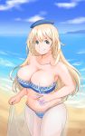  1girl atago_(kantai_collection) beach bikini blonde_hair blue_bikini blue_eyes blue_sky breasts camerata cleavage cloud collarbone cowboy_shot day drinking_straw glass highres kantai_collection large_breasts long_hair looking_at_viewer navel outdoors sarong sky smile solo standing swimsuit wide_hips 