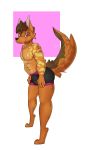  2019 abs absurd_res anthro barefoot bulge canid canine canis clothed clothing digital_media_(artwork) dingo fur galo hi_res looking_at_viewer male mammal muscular navel pecs pinup pose red_eyes simple_background smile solo topless underwear 