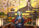  1girl absurdres aqua_hair architecture biwa_lute blue_kimono bottle cherry_blossom_print cherry_blossoms commentary confetti crane cup daimonji deer drum east_asian_architecture egasumi eyeshadow fan floral_print flower hair_flower hair_ornament hair_stick hatsune_miku highres holding holding_instrument huge_filesize indoors instrument japanese_clothes kimono kyoto_tower lantern light_smile lipstick long_hair looking_at_viewer lute_(instrument) makeup moon_print mural music obi pagoda petals playing_instrument sakazuki sake_bottle sash seiza sitting solo sumomo7317 taiko_drum temple torii twintails very_long_hair vocaloid yasaka_pagoda 