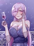  1girl alcohol black_dress blush breasts champagne_flute cleavage cup dress drinking_glass eyes_visible_through_hair fate/grand_order fate_(series) hair_over_one_eye jewelry large_breasts long_hair looking_at_viewer mabo-udon mash_kyrielight older open_mouth purple_eyes purple_hair ring smile solo wedding_band wine 