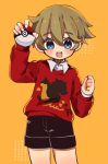  1boy blonde_hair blue_eyes male_focus open_mouth poke_ball pokemon pokemon_(game) pokemon_swsh seitarou shoes shorts simple_background smile socks solo sweater white_background white_legwear youngster_(pokemon) 