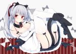  1girl animal_ears apron ass bare_shoulders black_footwear boots breasts cat_tail cleavage closed_eyes detached_collar dress elbow_gloves fake_animal_ears garter_straps gloves grey_hair hair_ribbon hairband highres large_breasts legs_up long_hair looking_at_viewer miko_92 original raco_(miko_92) reclining red_eyes ribbon side_ponytail sleeveless sleeveless_dress solo tail tail_censor thighhighs waist_apron white_gloves white_legwear 