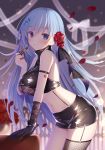  1girl arm_strap bare_shoulders black_gloves black_shirt black_skirt blue_hair blurry breasts cowboy_shot crop_top depth_of_field emori_miku emori_miku_project fishnet_legwear fishnets flower garter_straps gloves hair_flower hair_ornament hand_up highres holding large_breasts latex lipstick long_hair looking_at_viewer makeup midriff miko_92 miniskirt nail_polish navel parted_lips pencil_skirt petals purple_eyes red_flower red_nails rose shirt skindentation skirt sleeveless sleeveless_shirt sleeveless_turtleneck solo stomach thighhighs thighs turtleneck very_long_hair 