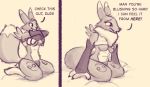  2019 anthro bluedouble breasts clothed clothing clothing_lift comic dialogue digimon digimon_(species) english_text female kneeling raised_clothing raised_shirt renamon shirt shirt_lift solo text thong topwear under_boob underwear 