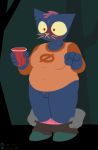  anthro assisted_exposure blush breasts clothing cup domestic_cat embarrassed exposed felid feline felis female hi_res holding_cup holding_object i_am_clover mae_borowski mammal night_in_the_woods outside overweight pantsing pussy red_eyes shirt slightly_chubby topwear video_games 