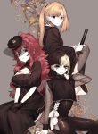  3girls black_clothes chidouin_sara crop_top dress egokoro_nao floral_print funeral_dress funeral_kimono funeral_veil japanese_clothes katana kimi_ga_shine kimono kotobuki_(medetai) looking_at_viewer multiple_girls sword thighhighs weapon yabusame_reko 