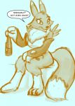  ? anthro beer_bottle blue_background bluedouble chest_tuft clothing dialogue digimon digimon_(species) english_text gloves handwear hi_res holding_object leg_markings markings renamon simple_background sitting socks_(marking) solo speech_bubble text tuft 