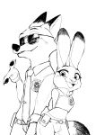  anthro black_and_white black_nose bottomwear canid canine clothed clothing dipstick_ears disney duo eyewear fox fully_clothed hi_res judy_hopps lagomorph leporid mammal mitsuharu monochrome multicolored_ears necktie nick_wilde open_mouth open_smile pants pawpads police_uniform rabbit red_fox shirt simple_background smile sunglasses topwear uniform white_background zootopia 
